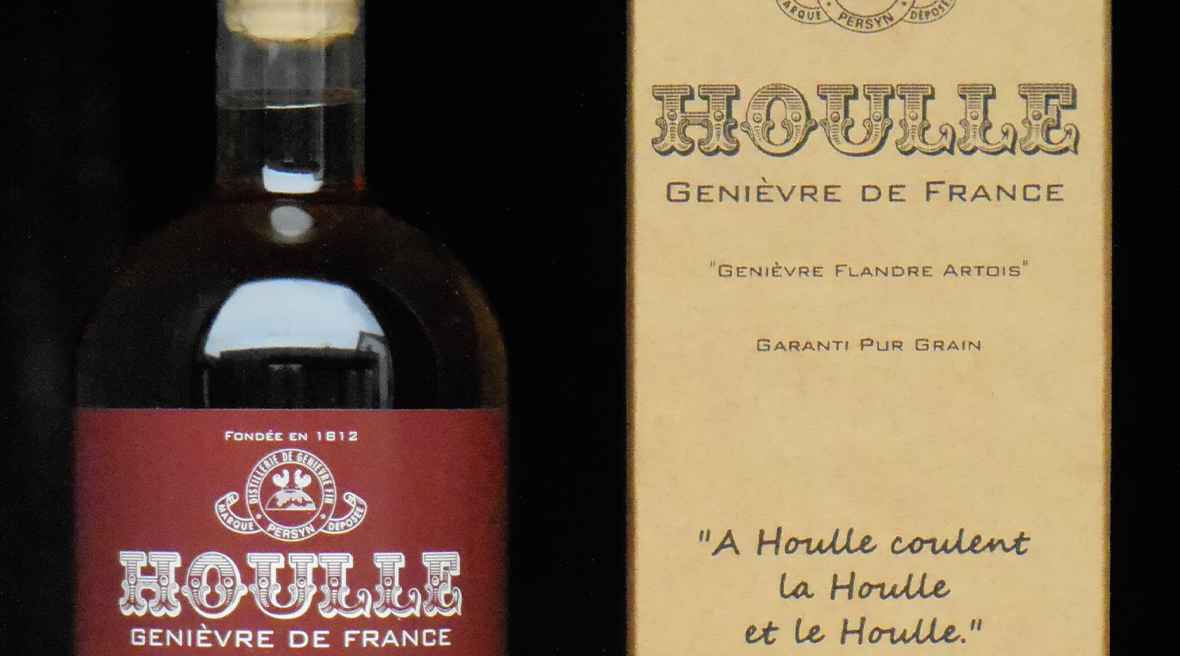 A spirit bottle and box with a label – Houlle, Genièvre de France